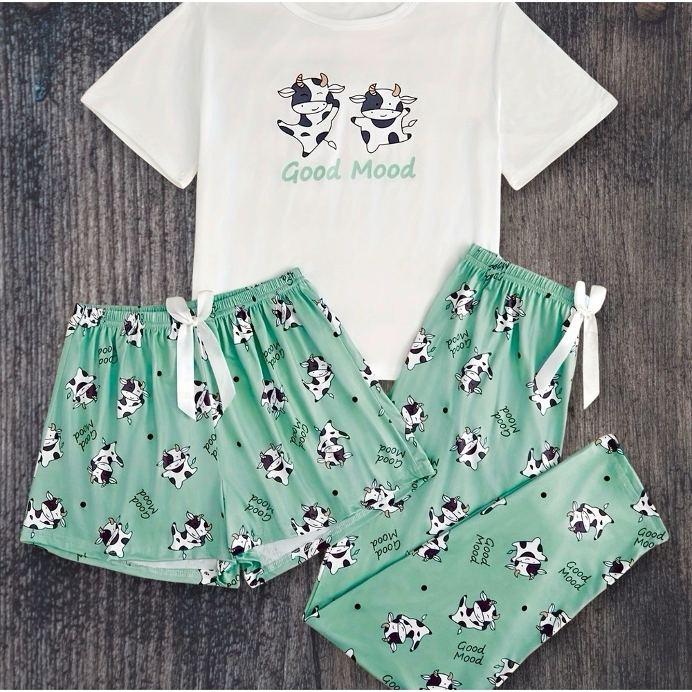 GOOD MOOD 3-Pc Pajama Set Large Dancing COWS Top Pants Shorts Sage Green White
